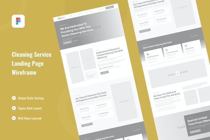 Graue Landingpage-Wireframes für einen Reinigungsdienst auf gelbem Hintergrund